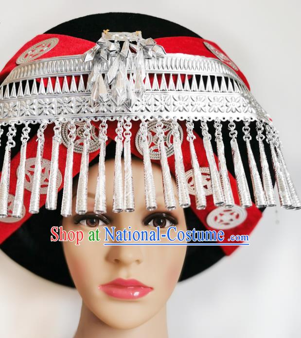 Chinese Liangshan Ethnic Stage Performance Headwear Traditional Yi Nationality Wedding Silver Tassel Red Hat