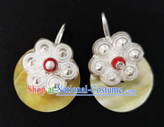 China Traditional Yi Nationality Silver Ear Accessories Handmade Liangshan Ethnic Yellow Shell Earrings