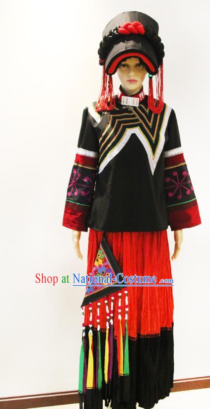 China Traditional Liangshan Ethnic Female Costumes Yi Nationality Minority Stage Performance Outfits Clothing and Hat