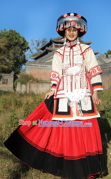 China Yi Nationality Bride Outfits Clothing Traditional Liangshan Ethnic Stage Performance Costumes and Headdress