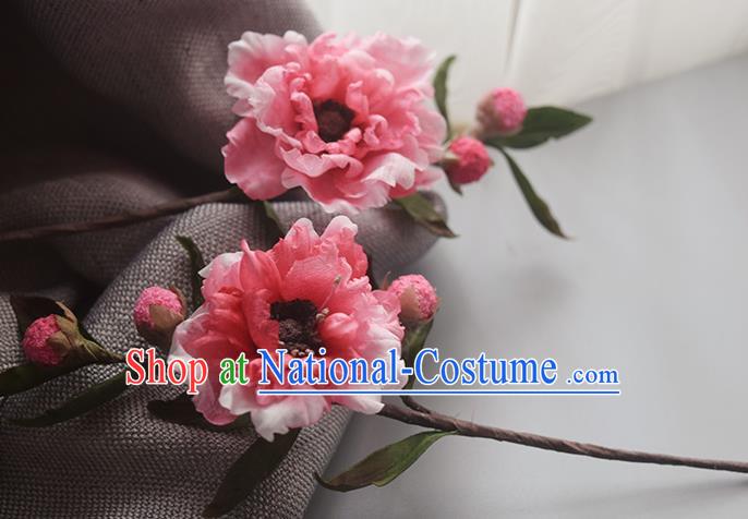 Chinese Handmade Hairpin Cheongsam Hair Accessories Traditional Hanfu Pink Silk Plum Blossom Hair Stick