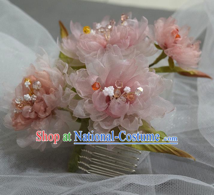 Chinese Traditional Ming Dynasty Hanfu Hair Comb Handmade Ancient Princess Pink Silk Peony Hairpin