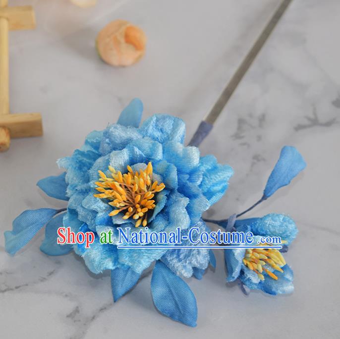 Chinese Handmade Ancient Imperial Concubine Hairpin Traditional Ming Dynasty Empress Blue Silk Peony Hair Stick