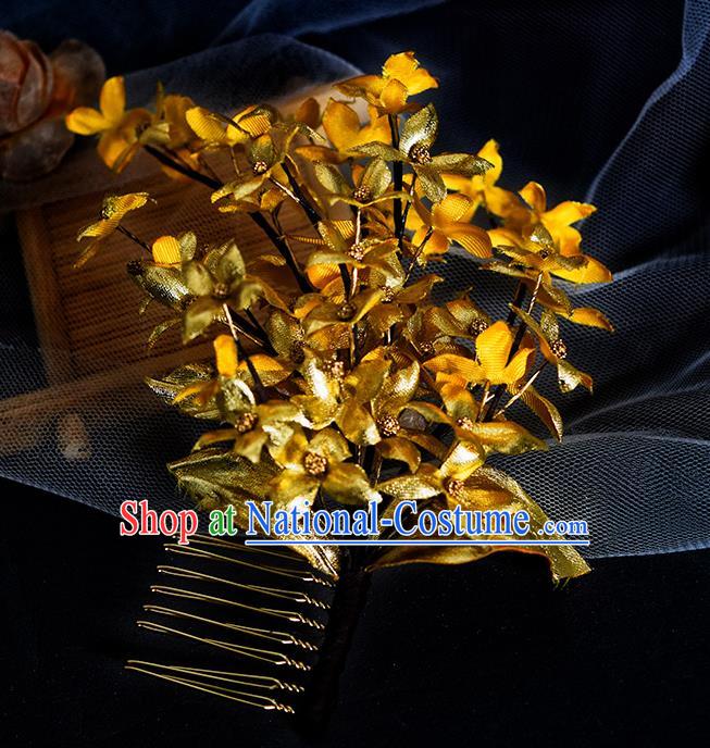 Chinese Handmade Ancient Empress Hairpin Traditional Ming Dynasty Golden Flowers Hair Comb