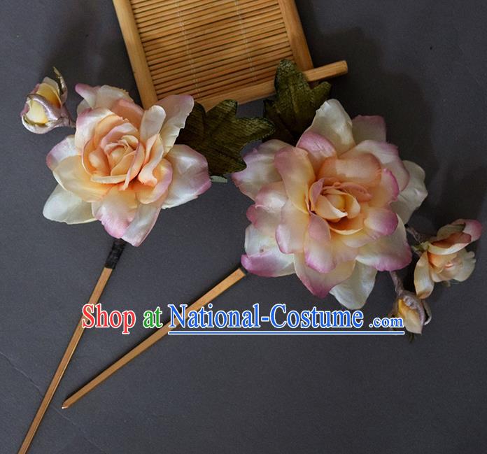 Chinese Handmade Ancient Court Woman Hairpin Traditional Ming Dynasty Pink Silk Gardenia Hair Stick