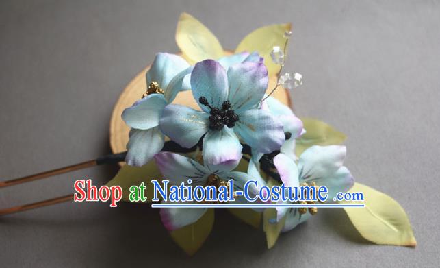 Chinese Classical Cheongsam Hairpin Traditional Hanfu Blue Silk Flowers Hair Stick