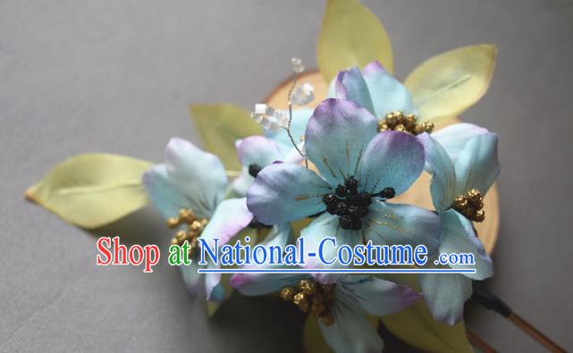 Chinese Classical Cheongsam Hairpin Traditional Hanfu Blue Silk Flowers Hair Stick