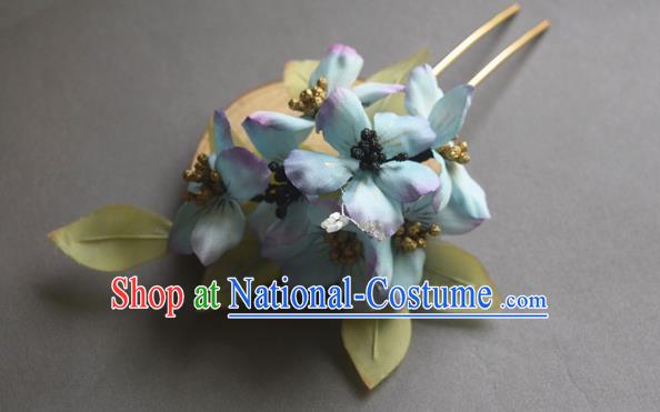 Chinese Classical Cheongsam Hairpin Traditional Hanfu Blue Silk Flowers Hair Stick