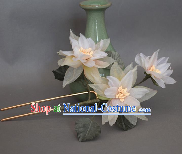 Chinese Ancient Palace Lady Hairpin Traditional Hanfu Champagne Silk Flowers Hair Stick