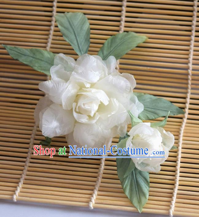 Chinese Handmade White Silk Gardenia Hairpin Traditional Qipao Dress Hair Stick