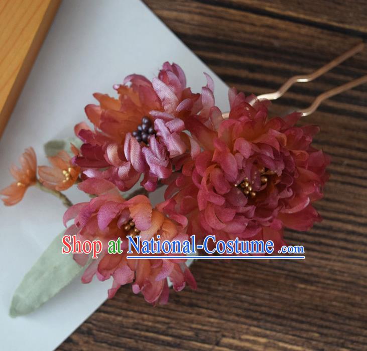 Chinese Cheongsam Hairpin Traditional Ming Dynasty Red Silk Chrysanthemum Hair Stick Handmade Hair Accessories