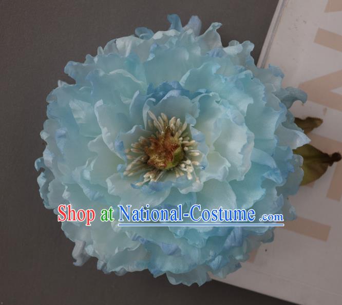 Chinese Traditional Ming Dynasty Blue Silk Peony Hair Stick Handmade Hair Accessories Cheongsam Hairpin