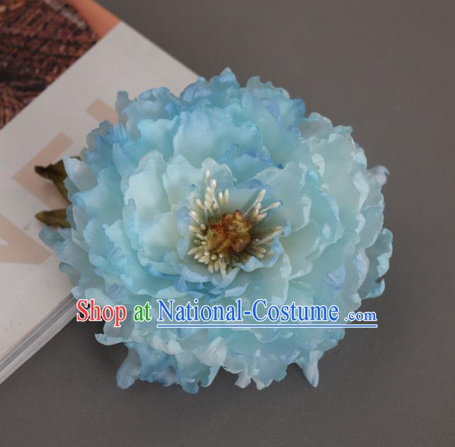 Chinese Traditional Ming Dynasty Blue Silk Peony Hair Stick Handmade Hair Accessories Cheongsam Hairpin