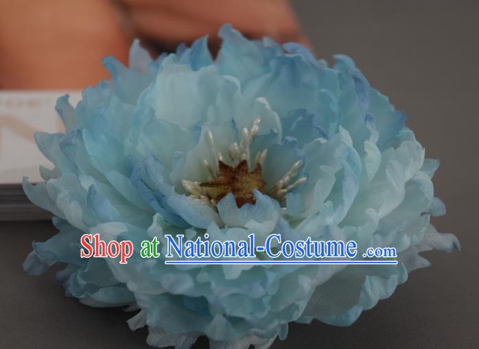 Chinese Traditional Ming Dynasty Blue Silk Peony Hair Stick Handmade Hair Accessories Cheongsam Hairpin