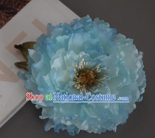 Chinese Traditional Ming Dynasty Blue Silk Peony Hair Stick Handmade Hair Accessories Cheongsam Hairpin