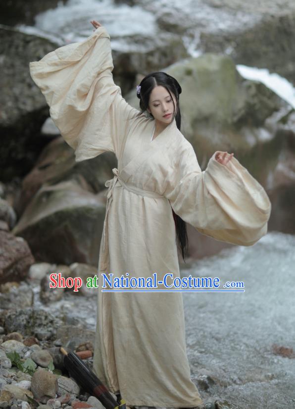 China Ancient Country Woman Beige Hanfu Dress Traditional Jin Dynasty Village Lady Historical Costume