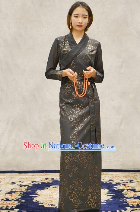 China Zang Nationality Female Informal Clothing Tibetan Ethnic Printing Grey Bola Dress