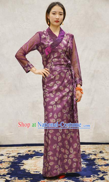 China Zang Nationality Minority Informal Clothing Tibetan Ethnic Printing Feather Purple Bola Dress