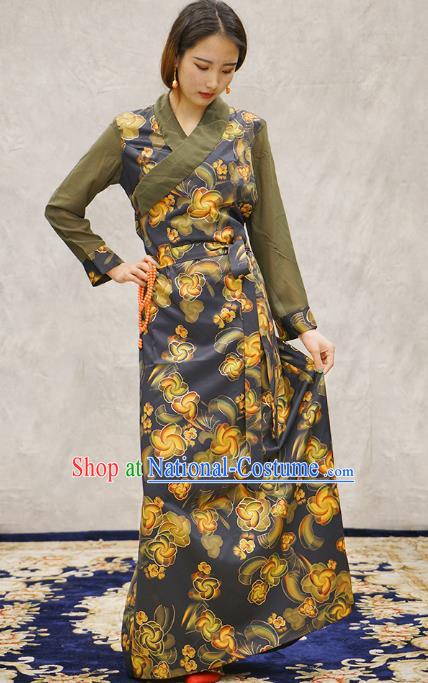 China Zang Nationality Woman Bola Clothing Tibetan Ethnic Printing Navy Blue Dress