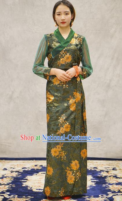 China Tibetan Ethnic Printing Flowers Green Dress Zang Nationality Woman Bola Clothing