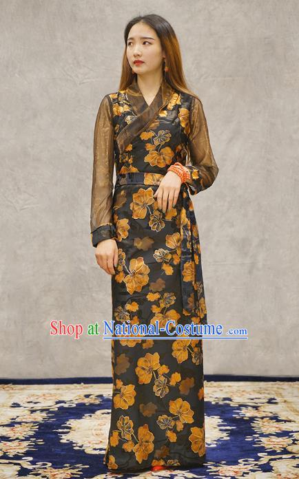 China Tibetan Ethnic Woman Dress Zang Nationality Printing Black Bola Clothing