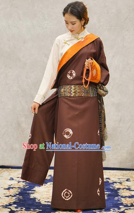 China Wine Red Tibetan Robe Ethnic Woman Costume Zang Nationality Clothing