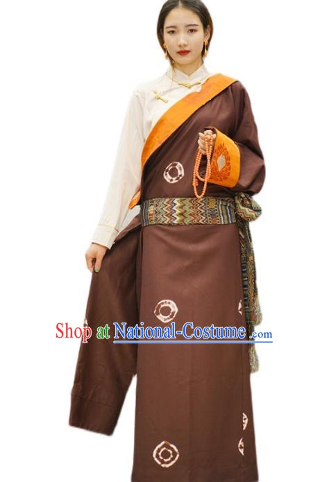 China Wine Red Tibetan Robe Ethnic Woman Costume Zang Nationality Clothing