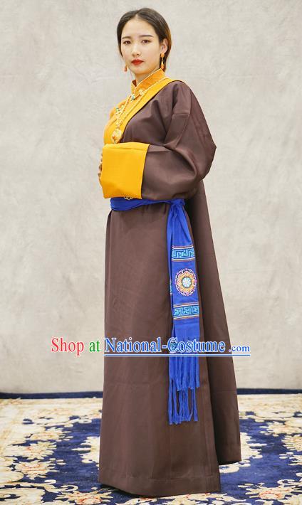 China Zang Nationality Kangba Clothing Brown Tibetan Robe Ethnic Woman Costume