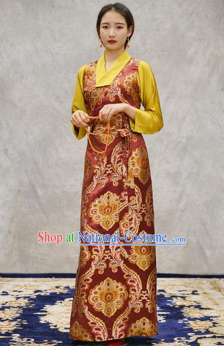 China Zang Nationality Red Brocade Bola Dress Clothing Tibetan Ethnic Woman Costume