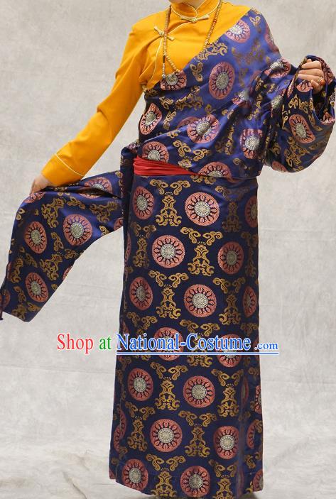 China Zang Nationality Clothing Ethnic Woman Stage Performance Costume Deep Blue Brocade Tibetan Robe