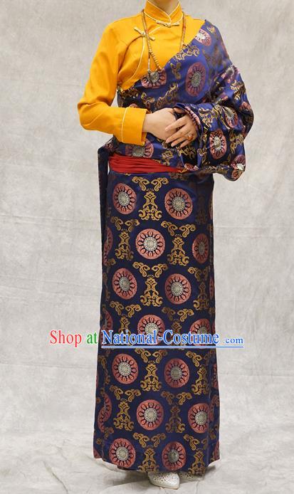 China Zang Nationality Clothing Ethnic Woman Stage Performance Costume Deep Blue Brocade Tibetan Robe