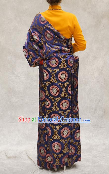 China Zang Nationality Clothing Ethnic Woman Stage Performance Costume Deep Blue Brocade Tibetan Robe