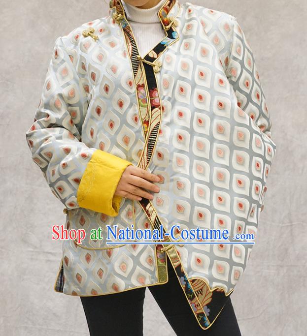 Chinese Tibetan Nationality Woman Clothing Zang Minority White Brocade Jacket