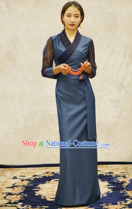 China Zang Nationality Bola Clothing Tibetan Ethnic Female Blue Dress