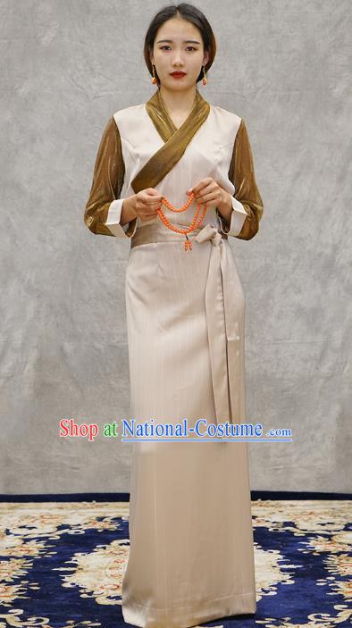 China Tibetan Ethnic Female Beige Dress Zang Nationality Bola Clothing