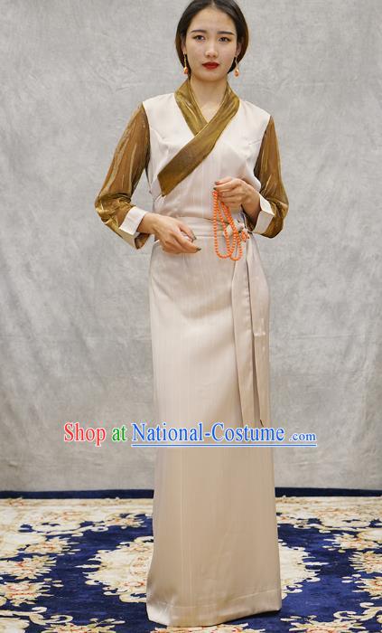 China Tibetan Ethnic Female Beige Dress Zang Nationality Bola Clothing