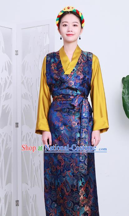 Chinese Royalblue Brocade Bola Dress Zang Nationality Woman Clothing Tibetan Minority Costume