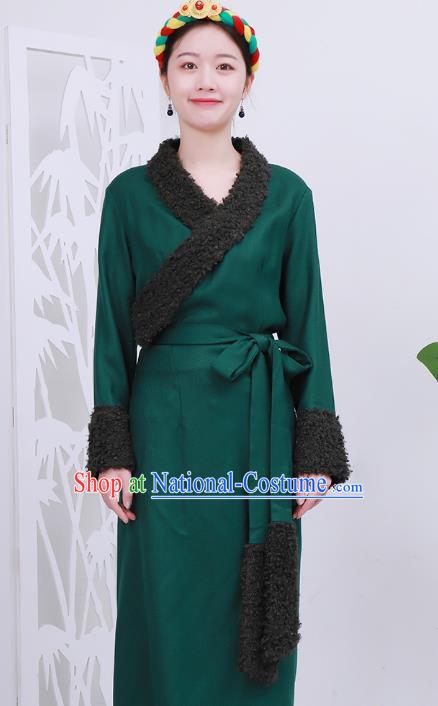 Chinese Tibetan Minority Green Woolen Bola Dress Costume Zang Nationality Woman Winter Clothing