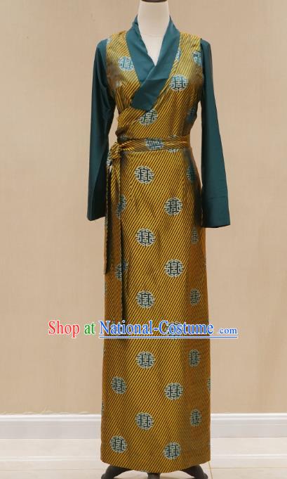 China Zang Nationality Golden Brocade Bola Dress Clothing Tibetan Ethnic Woman Stage Performance Costume