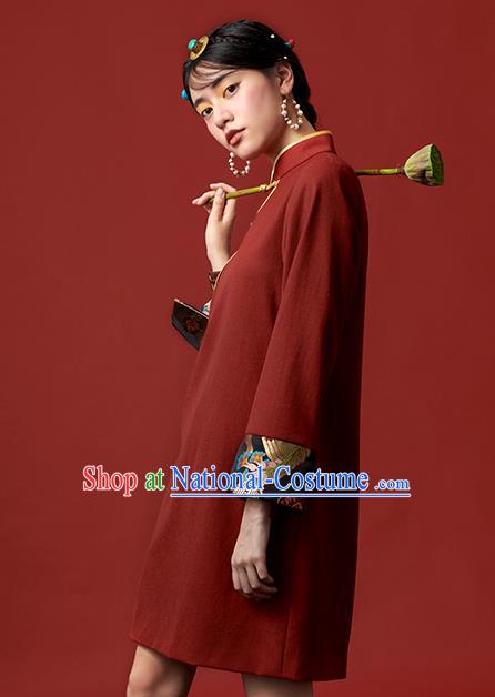 China Zang Nationality Red Dress Clothing Tibetan Ethnic Young Lady Costume