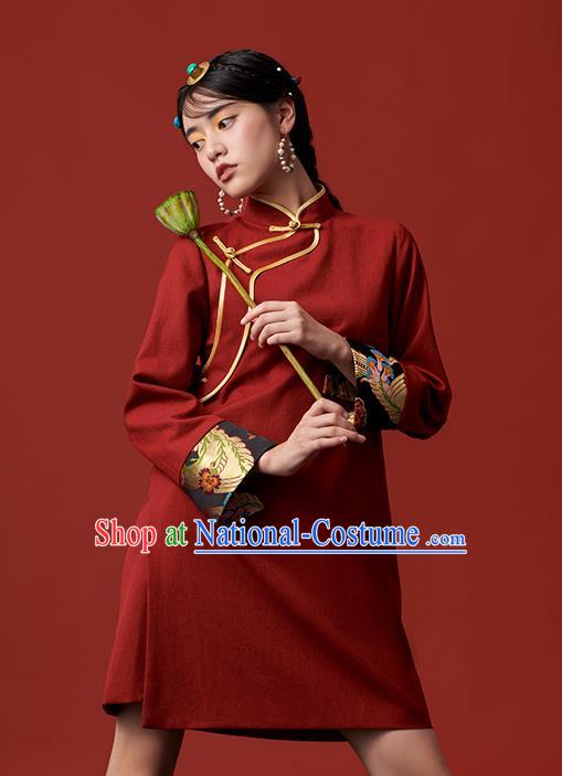 China Zang Nationality Red Dress Clothing Tibetan Ethnic Young Lady Costume