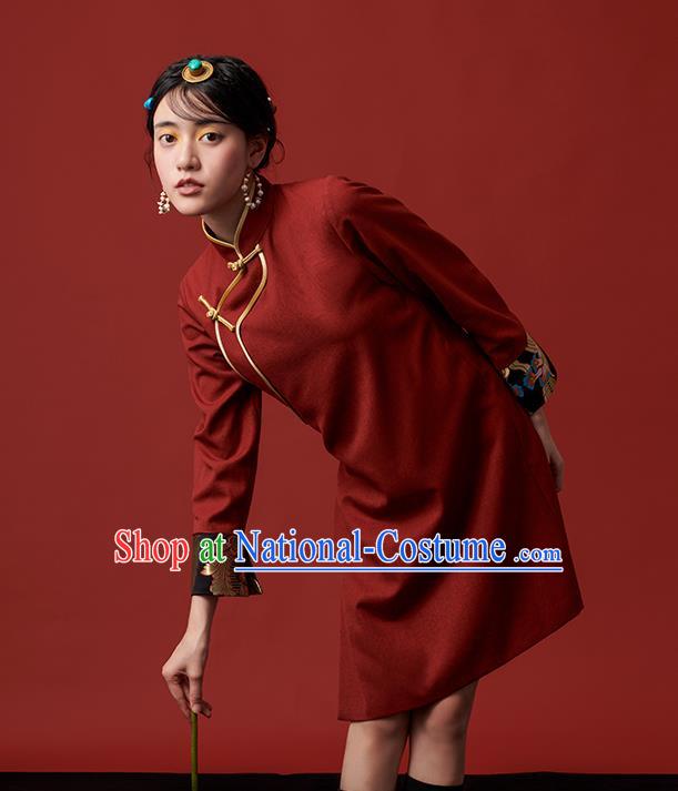 China Zang Nationality Red Dress Clothing Tibetan Ethnic Young Lady Costume