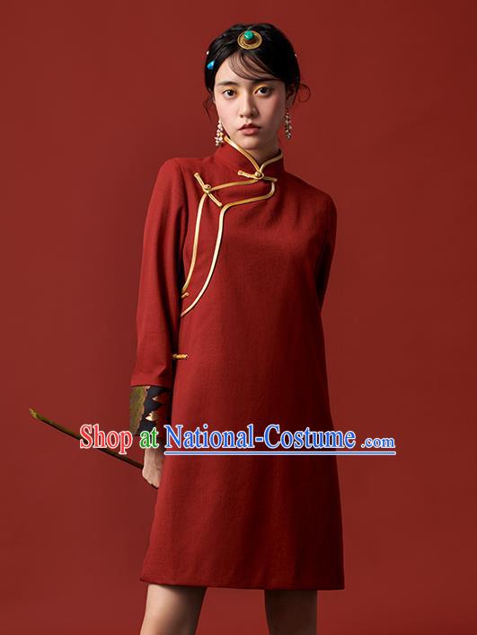 China Zang Nationality Red Dress Clothing Tibetan Ethnic Young Lady Costume