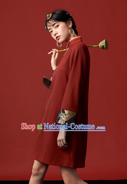 China Zang Nationality Red Dress Clothing Tibetan Ethnic Young Lady Costume