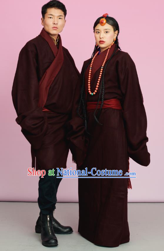 China Tibetan Ethnic Woolen Robe Costume Zang Nationality Folk Dance Clothing