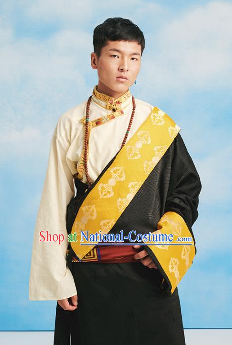 Chinese Tibetan Minority Black Brocade Robe Costume Zang Nationality Folk Dance Clothing for Men