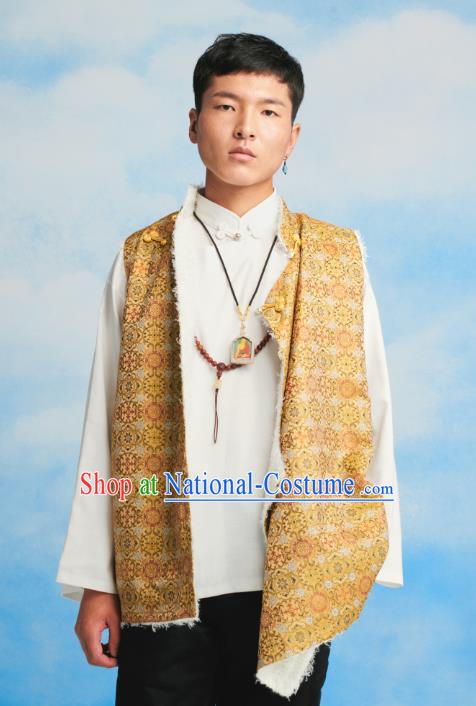 Chinese Zang Nationality Waistcoat Clothing Tibetan Ethnic Male Yellow Brocade Vest