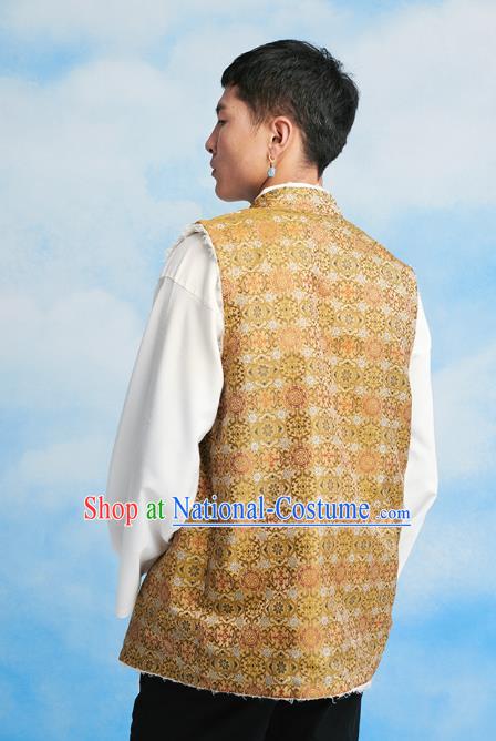 Chinese Zang Nationality Waistcoat Clothing Tibetan Ethnic Male Yellow Brocade Vest