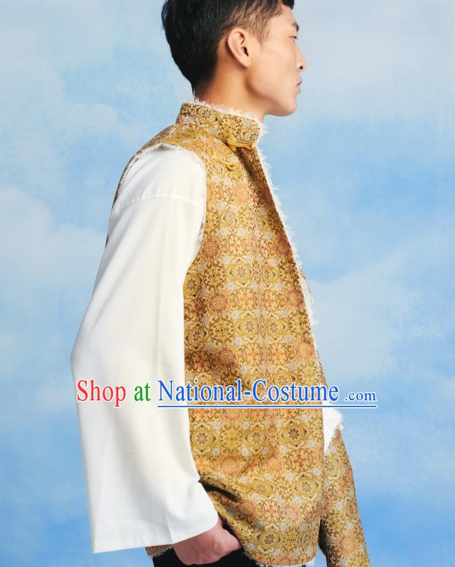 Chinese Zang Nationality Waistcoat Clothing Tibetan Ethnic Male Yellow Brocade Vest