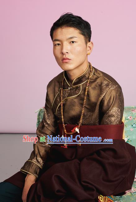 Chinese Zang Nationality Upper Outer Garment Clothing Tibetan Ethnic Male Brown Brocade Shirt